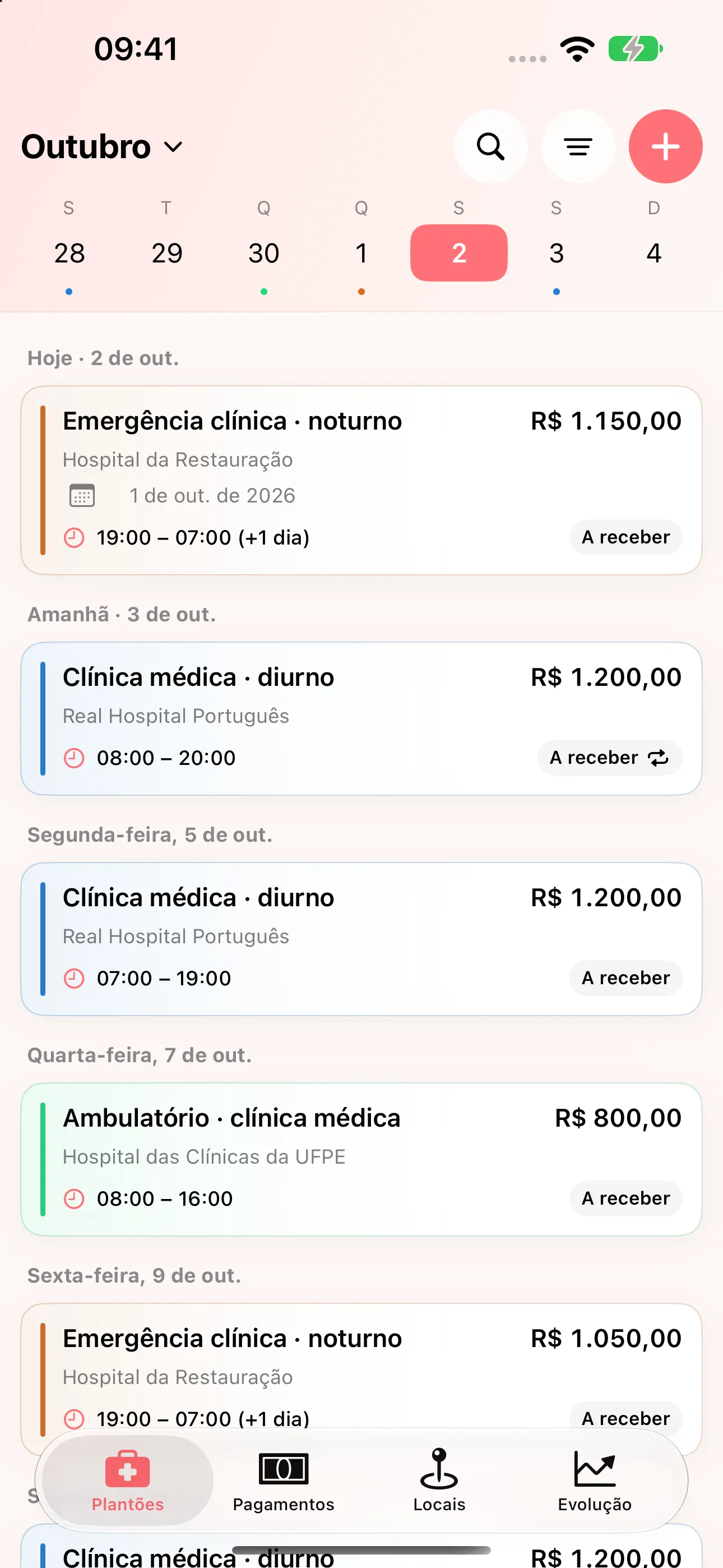 Agenda de plantões no app Plantão de Bolso com turnos diurnos e noturnos