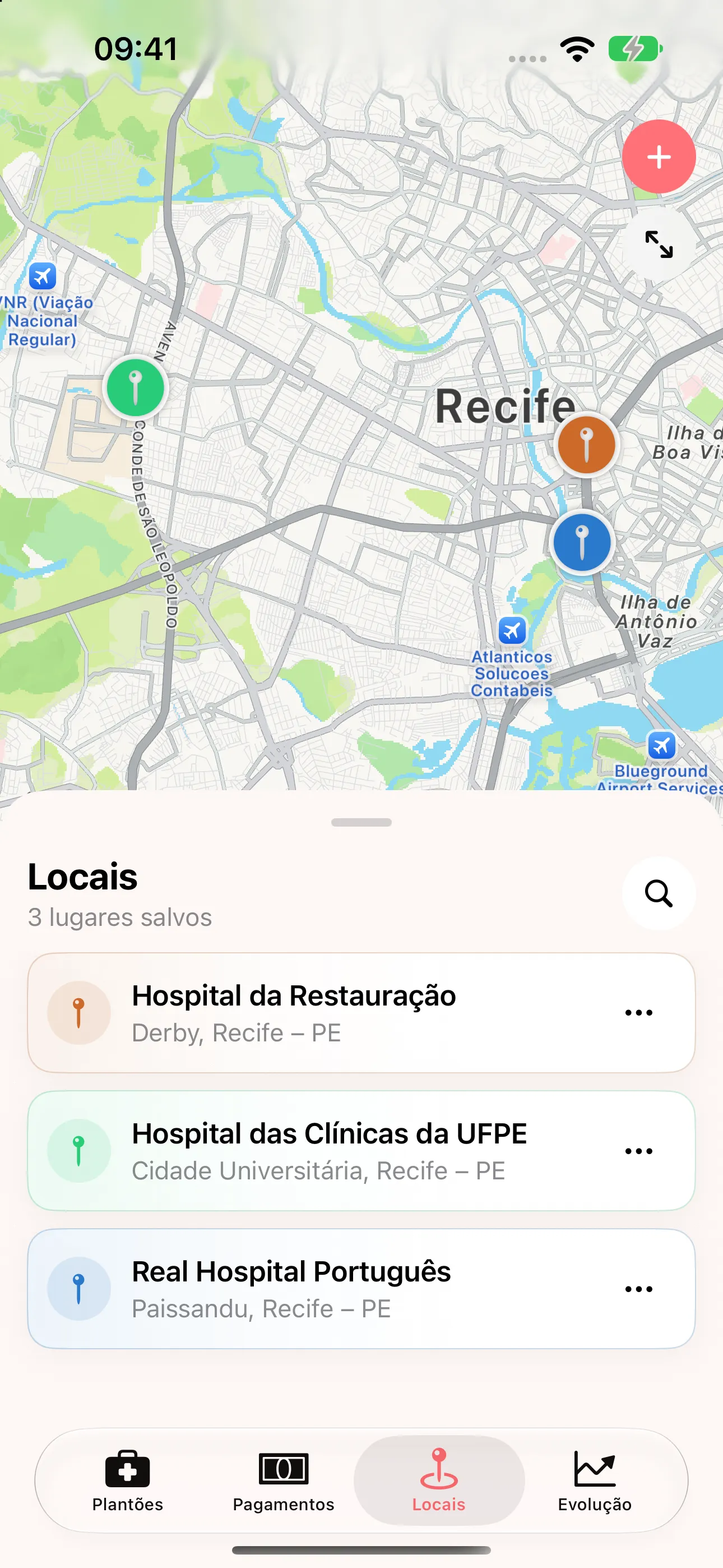 Lista de locais de trabalho cadastrados no app